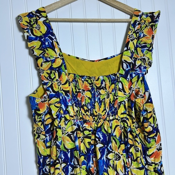 Skies are Blue Curvy, Size 1X floral Midi  dress, lined smoked Back ruffle trim - Picture 7 of 13